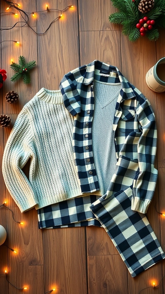 A collection of cozy Christmas outfits on a wooden table with holiday decorations.